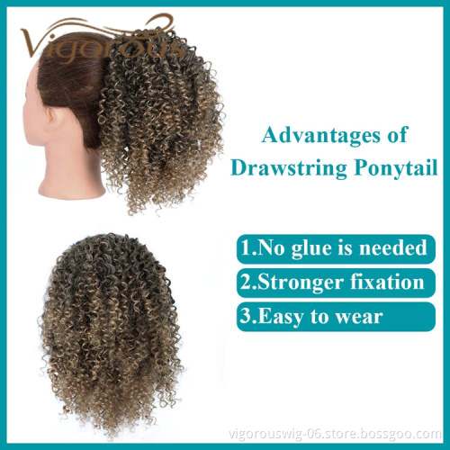 Vigorous Wholesale Ombre Blonde Heat Resistant Fiber Kinky Curly For Asian Women Drawstring Synthetic Ponytail Hair Extension